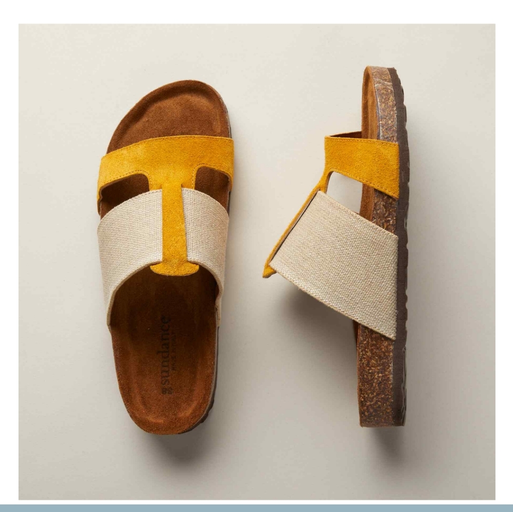 Sundance Golden Linen and Suede Cork Sandals Sz 41